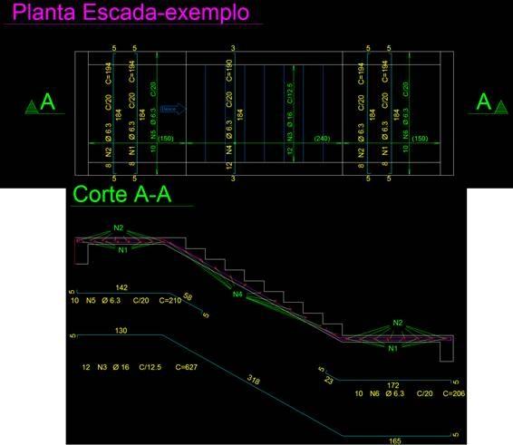 3 Aponte todos os ferros em corte, e veja que para cada um terá uma linha de chamada: O mesmo, para as demais posições, e assim teremos o desenho final da escada: