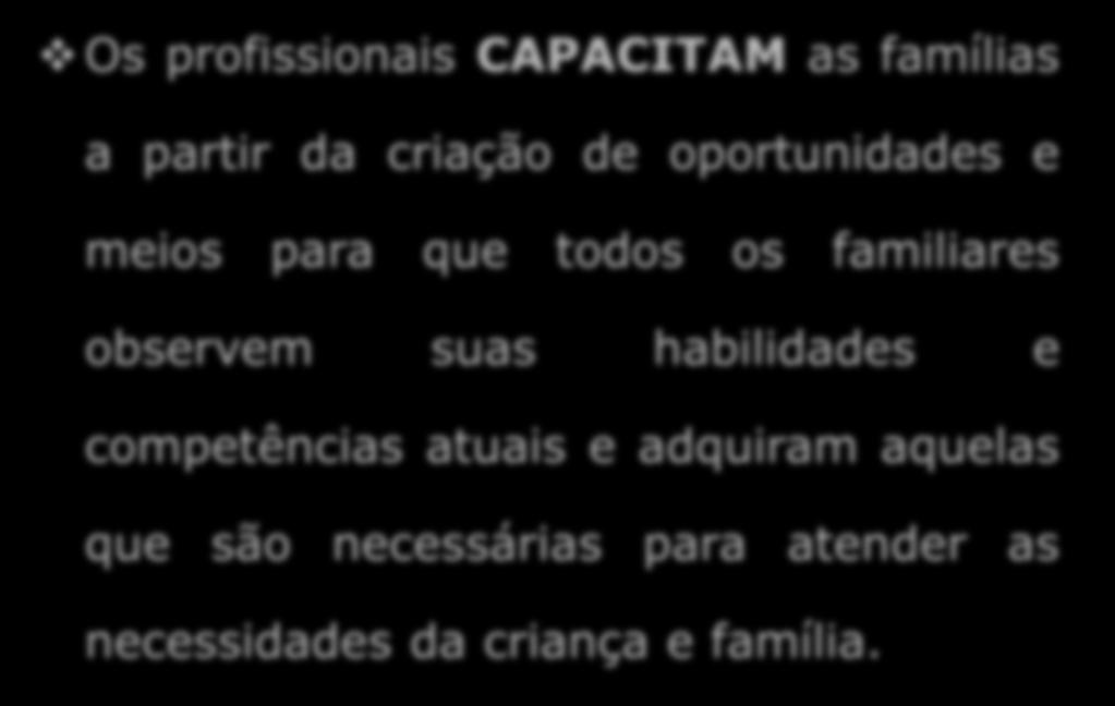 Conceitos envolvidos: Os profissionais CAPACITAM as famílias a partir da criação de oportunidades e meios para que todos os familiares