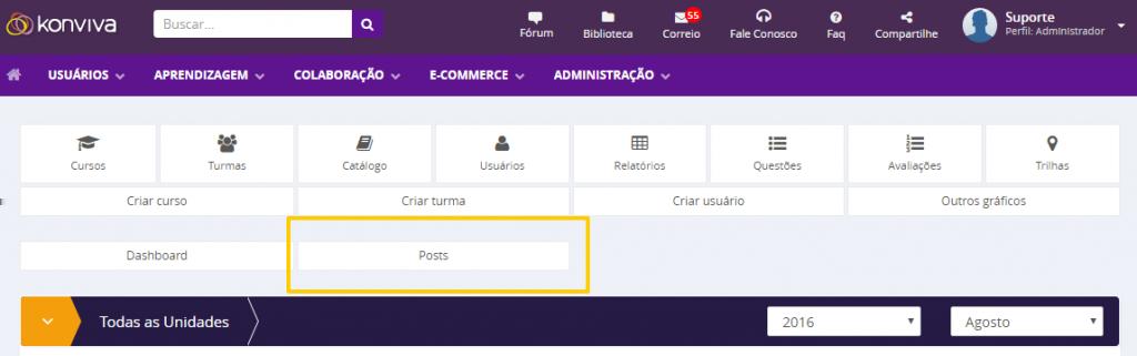 Em Administração > Configurador de Layout > Ambiente do Aluno abrir a aba Modularização e selecionar Posts. Ao clicar em Editar texto também é possível alterar a nomenclatura do Post para o aluno.