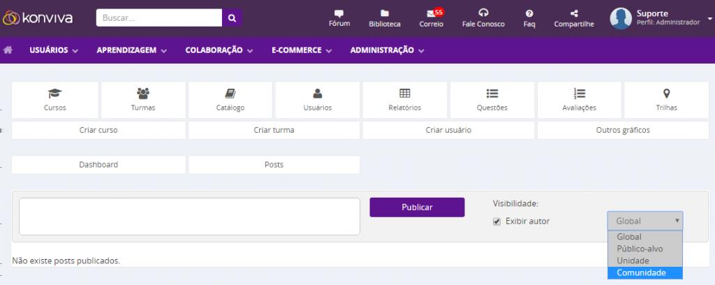 mensagem, o administrador poderá selecionar o nível de compartilhamento, ou seja, quem poderá visualizar o post. A opção padrão é o nível Global no qual todos os alunos do sistema visualizarão o post.