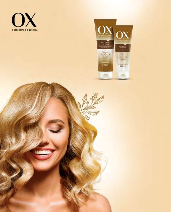 A linha OX Nutrição Intensa possui formulação com óleos essenciais de cálamo, mirra e oliva, que nutrem intensamente os fios, garantindo brilho e