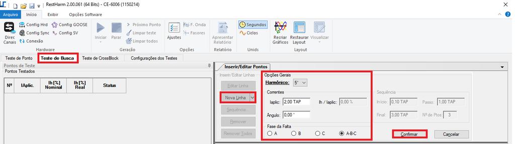 Para a realização do teste de busca clique no campo Nova Linha escolha o tipo de falta, o valor de corrente de restrição e confirme.