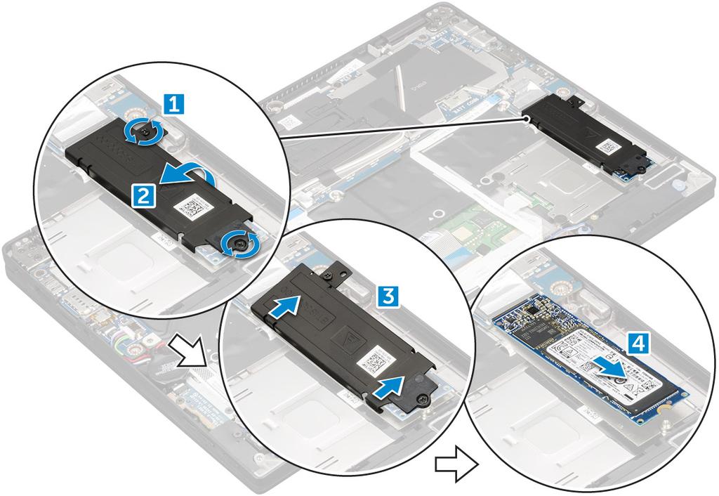 Instalar a SSD mnvme 1 Introduza a placa SSD NVMe dentro do conector. 2 Instale o suporte térmico sobre a placa SSD. 3 Volte a colocar os parafusos M2.0 x 3.0 para fixar ao suporte térmico da SSD.