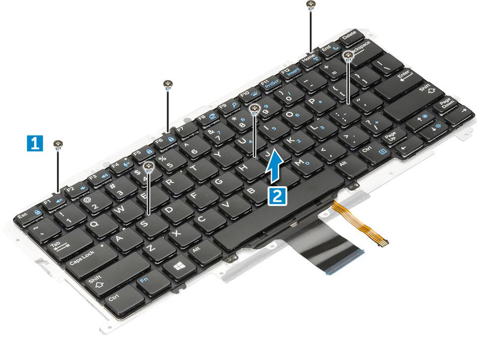 Instalar o teclado no suporte do teclado 1 Alinhe o teclado com os suportes dos parafusos na bandeja do teclado. 2 Aperte os parafusos M2,0 x 2,0 para fixar o teclado ao suporte do teclado.