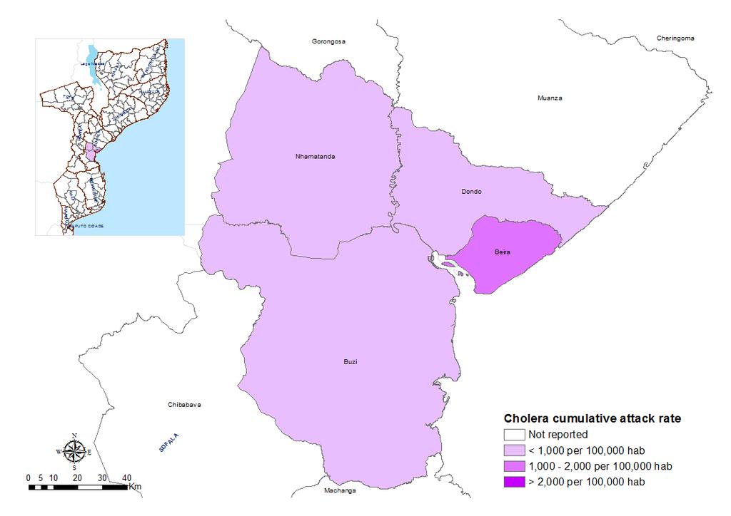 Figura 3: Taxa de ataque cumulativa de cólera por distrito, Província de Sofala, a 5 de Maio de 2019 Tabela 2: Teste de diagnóstico da cólera, Província de Sofala, a de 5 de Maio de 2019 Local TRD