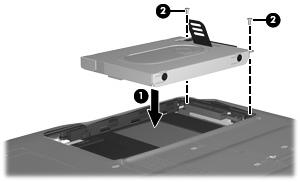 3. Recoloque os dois parafusos da unidade de disco rígido (2).