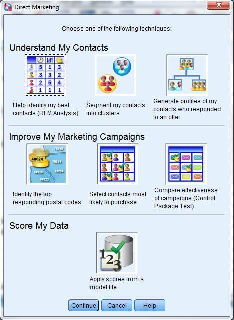 Figura 4. Figura 4. A janela Direct Marketing 3. Dê um clique duplo em Help identify my best contacts (RFM Analysis).