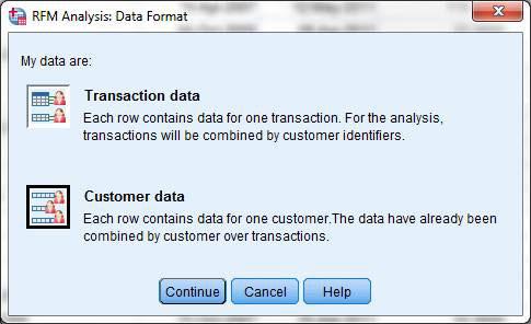 Figura 5. Data organization choices A janela com várias guias RFM Analysis from Customer Data é exibida. Nela, é possível especificar todos os parâmetros do processo de modelagem RFM. 5. Clique na guia Variables, mostrada na Figura 6.