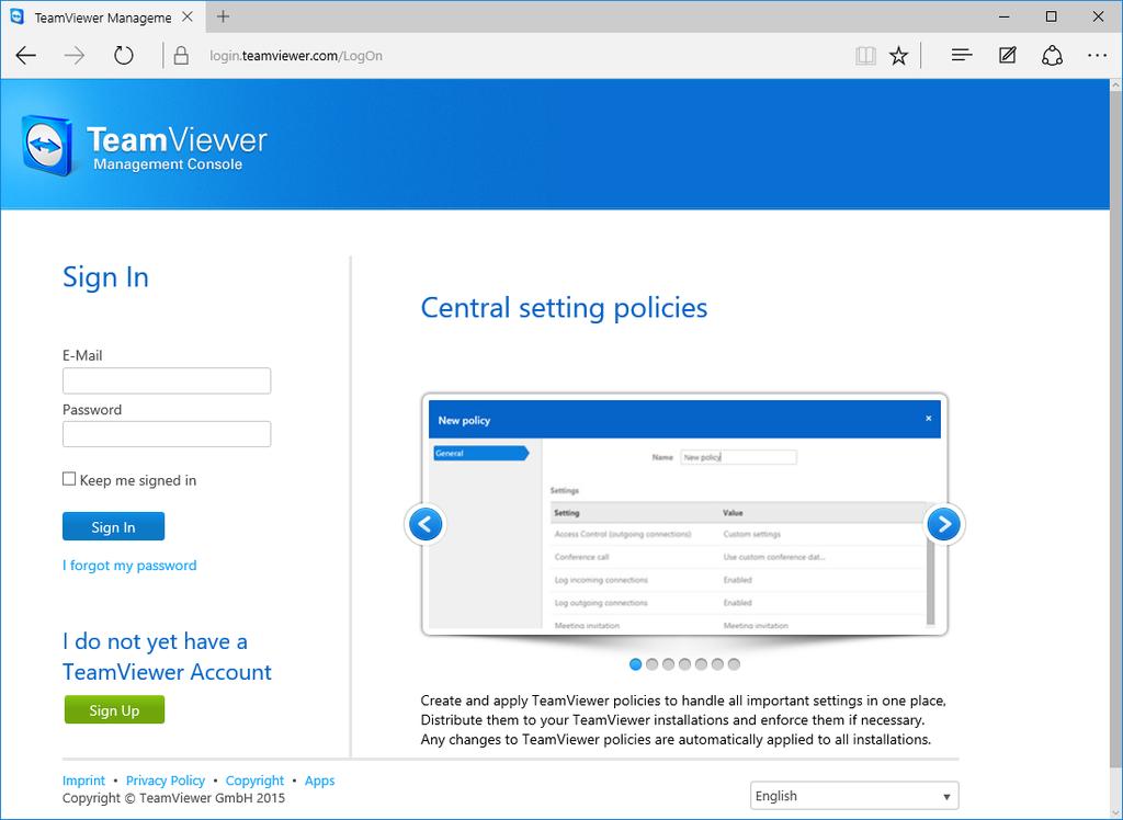 2 Geral 2 Geral 2.1 Início e login O TeamViewer Management Console é uma aplicação baseada em web. Para abri-lo, abra a página https://login.teamviewer.com em seu navegador de web.