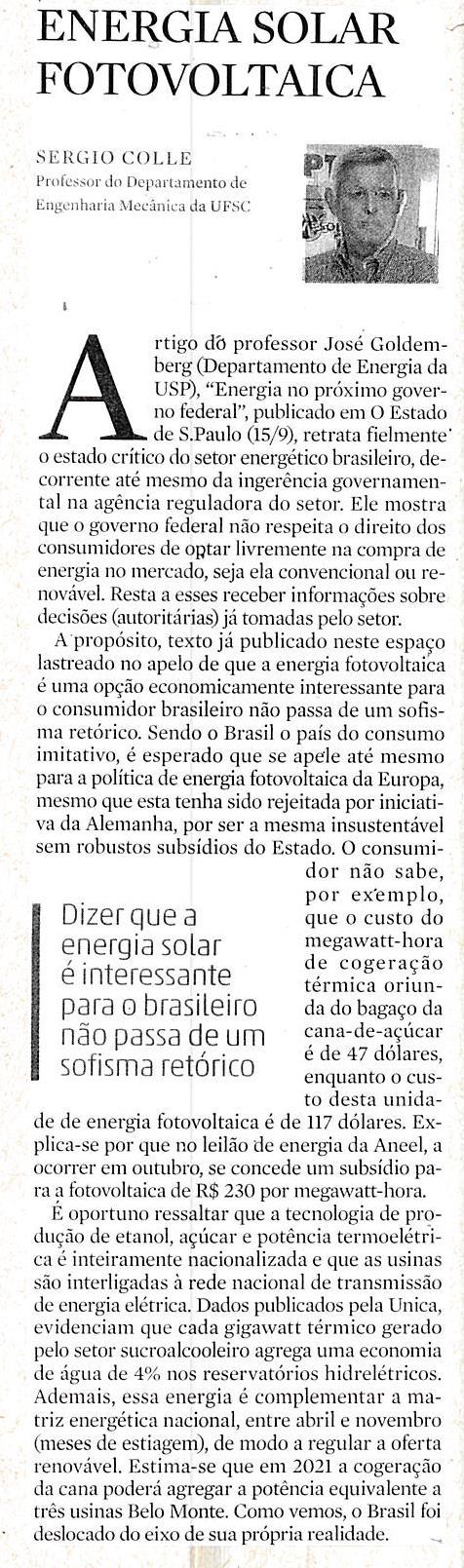 Diário Catarinense Artigo Energia Solar Fotovoltaica Energia Solar Fotovoltaica / Sérgio Colle / Professor / Departamento de