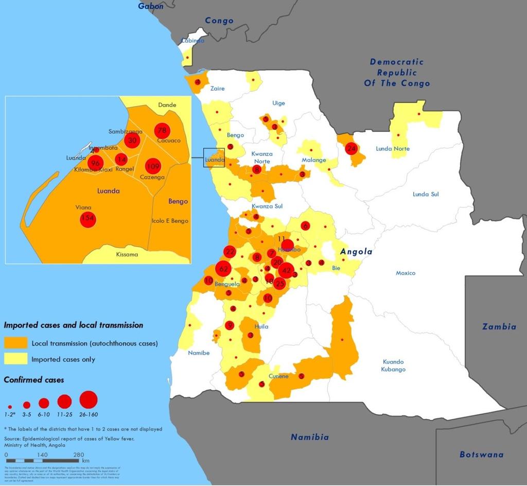 Figura 4. Distribuição dos casos confirmados de febre amarela em Angola, até 4 de Agosto de 2016 República Democrática do Congo (RDC) Até 8 de Agosto, a RDC notificou um total de 2269 casos suspeitos.