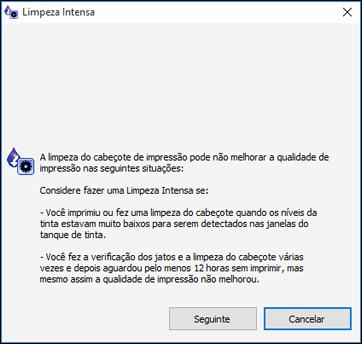 Você verá uma janela como esta: 5. Siga as instruções na tela para fazer uma Limpeza intensa. 6. Quando a Limpeza intensa terminar, faça uma verificação dos jatos.