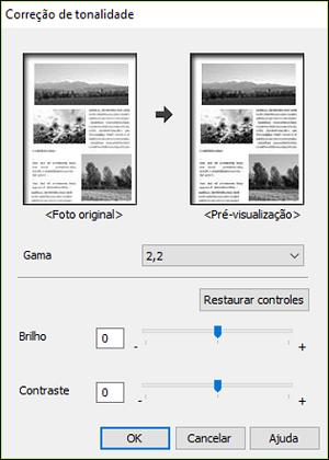 Opções personalizadas de correção de tom - Windows Você pode selecionar quaisquer opções disponíveis na janela de Correção de tom para personalizar os tons da imagem do seu trabalho de impressão.