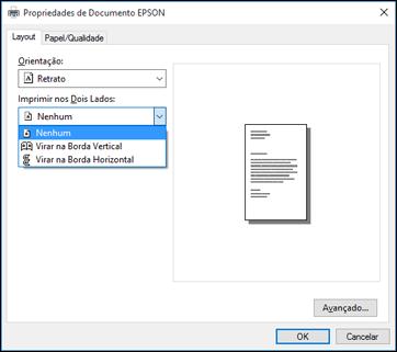 12. Para imprimir dos dois lados da página, selecione uma das opções Imprimir nos Dois Lados, dependendo de como deseja orientar o layout da página. O ícone ao lado de cada opção mostra o layout. 13.