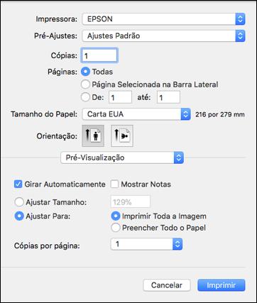 Você verá a janela de configurações da impressora expandida para o seu produto: Observação: A janela de impressão pode ser diferente, dependendo da versão do Mac OS e do aplicativo usado.