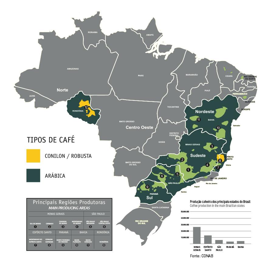 ESPÍRITO SANTO A região cafeeira do Espírito Santo começou com a produção de Arábica, mas hoje em dia o Robusta é o carro-chefe.