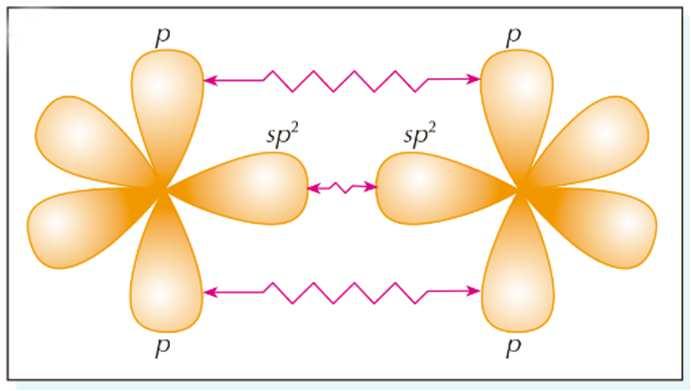 formação três orbitais híbridos, denominados sp2, equivalentes entre si, situados num mesmo plano e separados  O quarto elétron permanece num