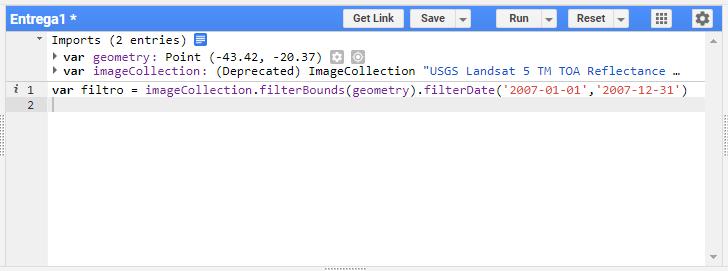 Figura 12 - Função filterbounds. Para estabelecer os recortes temporais da imagem, utilizaremos a função filterdate, que tem como parâmetro as datas inicial e final das imagens a serem importadas. 13.