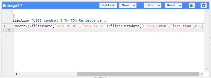 Figura 14 - Função filtermetadata. 15. Adicione as imagens de satélite disponíveis por meio da função Map.addLayer sobre a variável filtro e clique em Run.