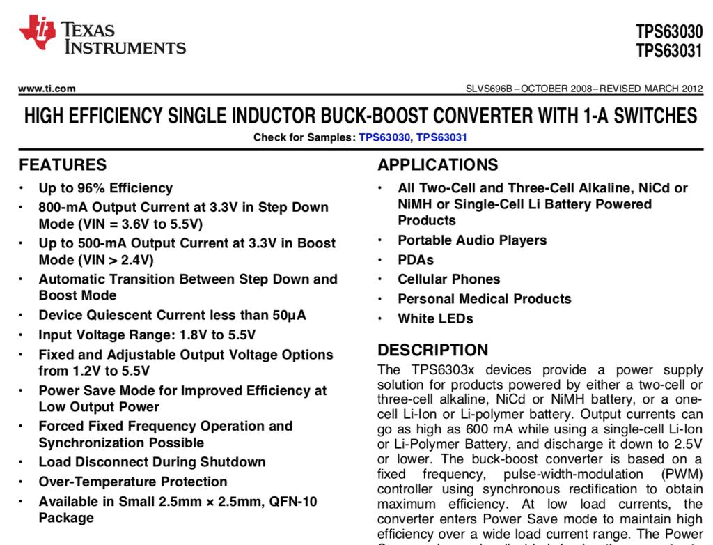 Exemplo TPS63030 saída ajustável TPS63031 saída de 3.3V Exemplo 2.5 mm 2.