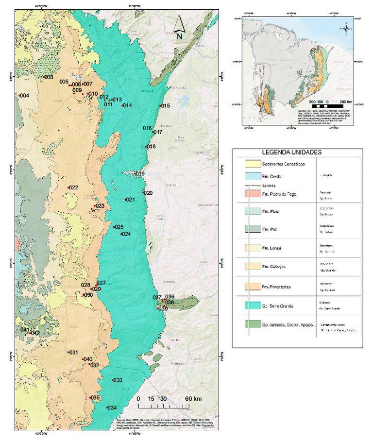 14 Pontos com perfil estratigráfico Figura 3.1.: Mapa geológico da borda Leste da Bacia do Parnaíba com as unidades litoestratigráficas do Grupo Serra Grande e das formações do Grupo Canindé.