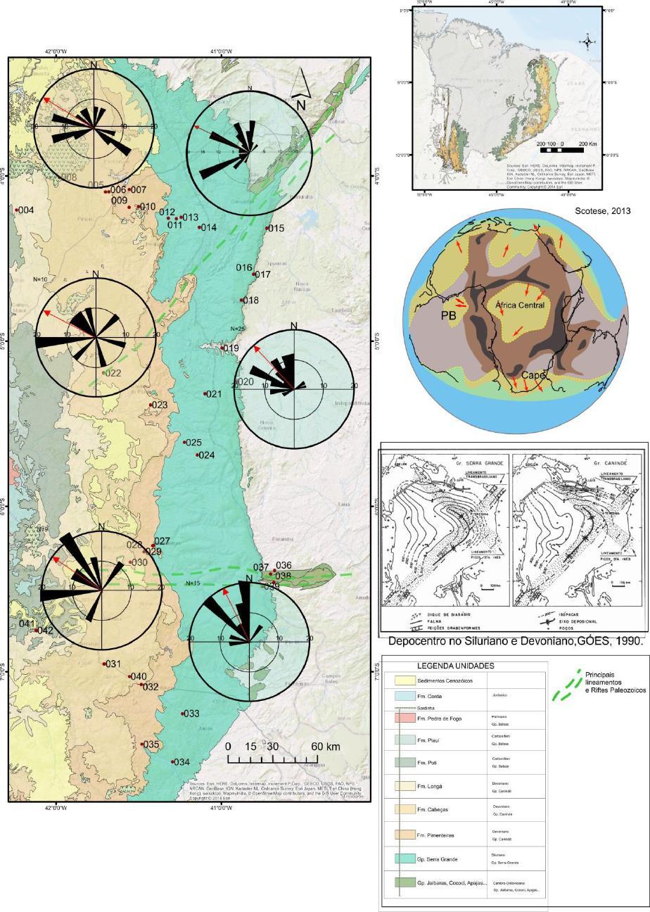 63 A Mapa Geológico da Borda Oeste da Bacia do Parnaíba B C D Figura 5.3.: A) Mapa de localização das associações de fácies e localização espacial aproximada dos diagramas de paleocorrentes, em fundo