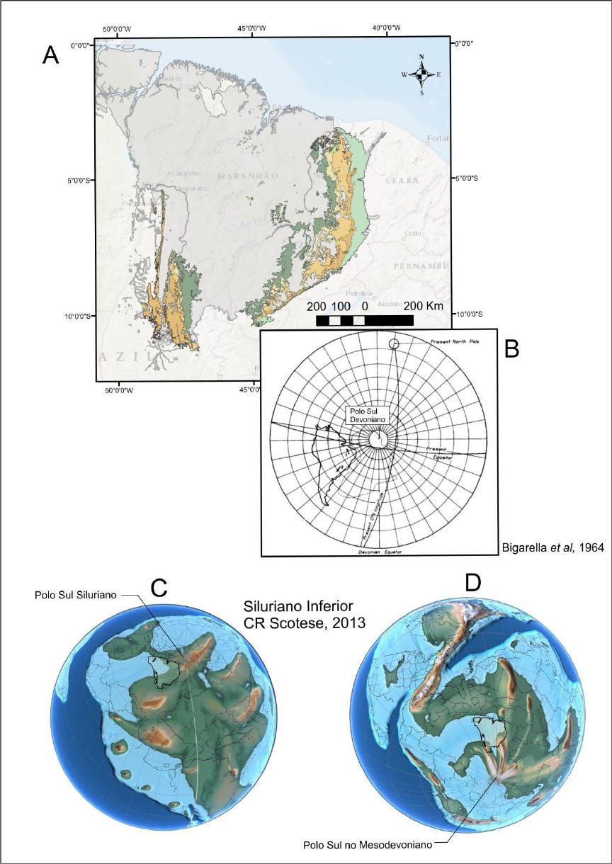 69 Figura 5.7.: Quadro comparativo de mapas de reconstrução paleogeográficas e espalhamento do intervalo Siluro-Devoniano na Bacia do Parnaíba.