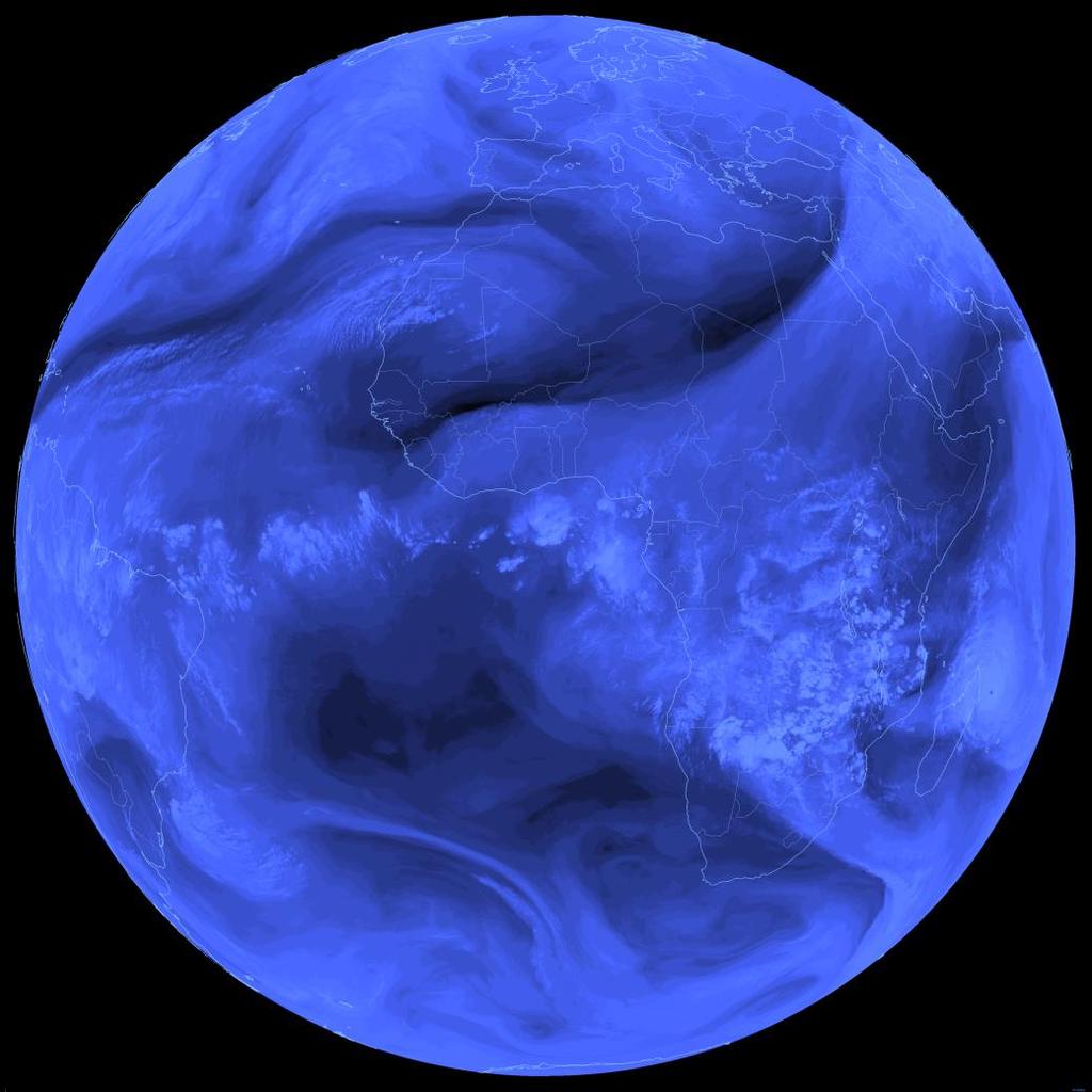 Imagem adquirida em 6.2 μm mostrando o vapor de água. The spectral range around 6.2 μm is particularly sensitive to water vapour in the atmosphere.