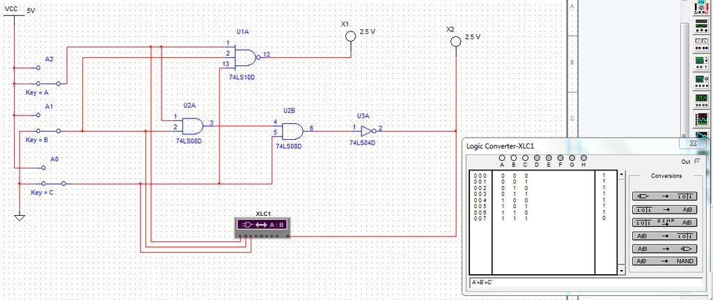 De seguida, implementámos no circuito 1 a ferramenta Logic Converter, de forma a obter a Tabela de Verdade do circuito: Figura 2 - Tabela de verdade do circuito 1.