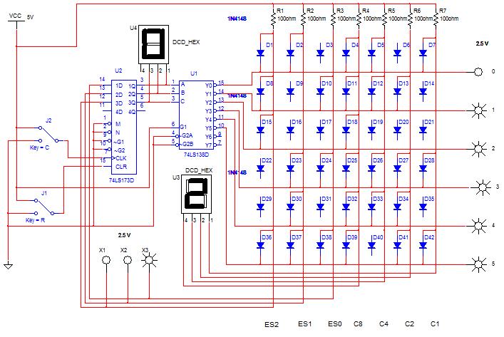 Figura 8 Circuito sequenciador com ROM. Lista de materiais: VCC VGND J1, J2 SPDT U3, U4 DCD_HEX X1..X3, 0.