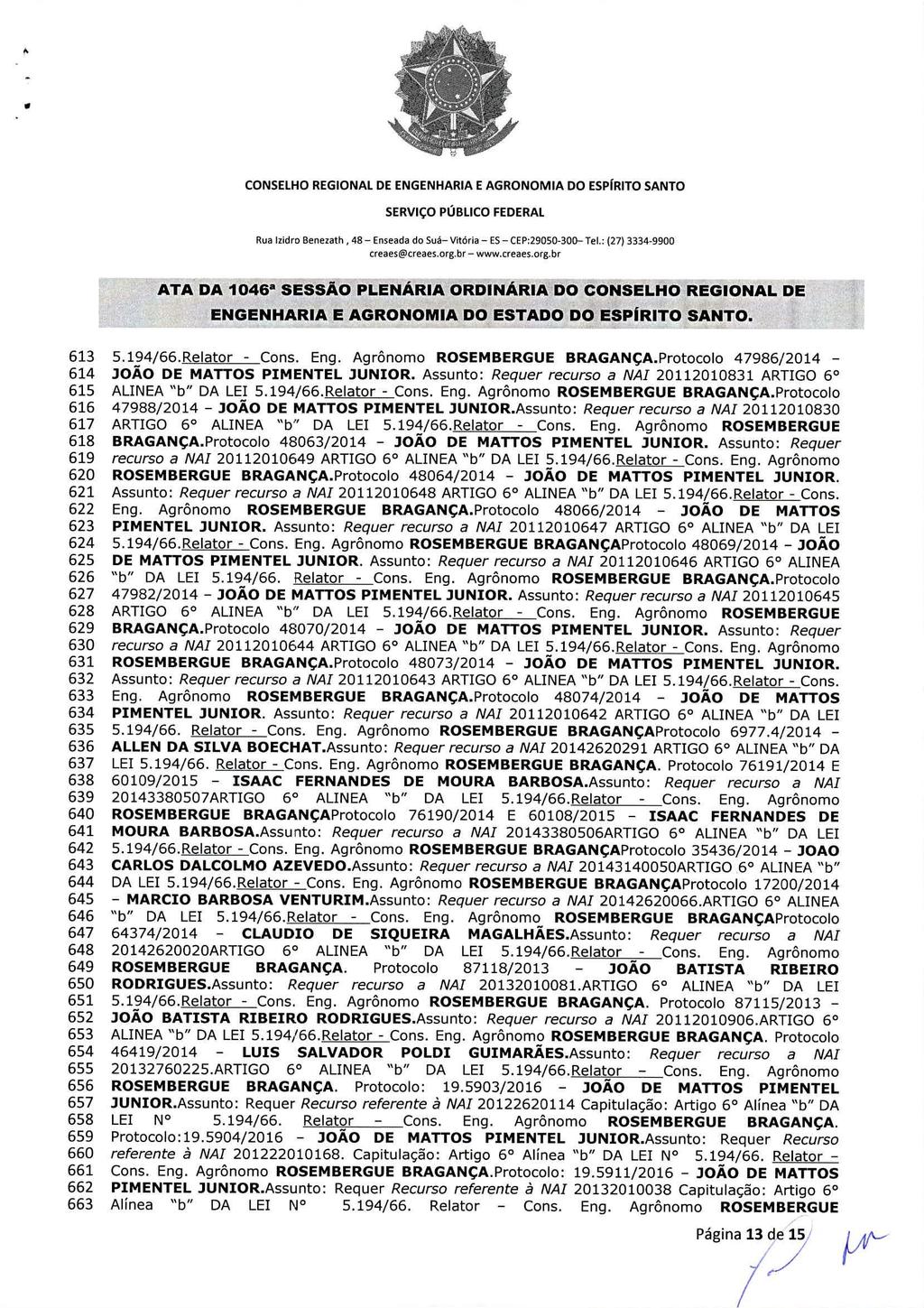 Rua lzidro Benezath, 48 Enseada do Sua Vitória ES CEP:29050-300 Tel.: (27) 3334-9900 creaes@creaes.org.br www.nreaes.org.br 613 5.194/66.Relator - Cons. Eng. Agrônomo ROSEMBERGUE BRAGANÇA.