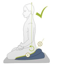 4 O aspeto mais relevante, na posição sentada, é o ângulo da pélvis: muitos de nós têm tendência para colocar a pélvis demasiado para trás, curvando a coluna e o peito para dentro (Figura 1), ou