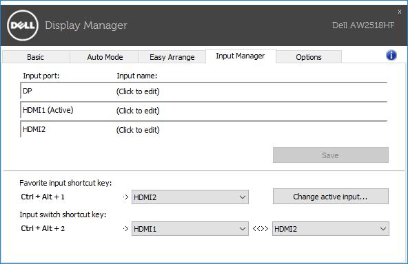 Gerenciamento de várias entradas de vídeo A guia Input Manager (Gerenciador de entrada) fornece maneiras convenientes de gerenciar várias entradas de vídeo conectadas ao seu monitor Dell.