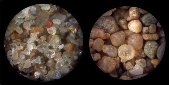 A Figura 2.6, obtida de [9], mostra exemplares de grãos em ambiente de praia, à esquerda, e de duna, à direita.
