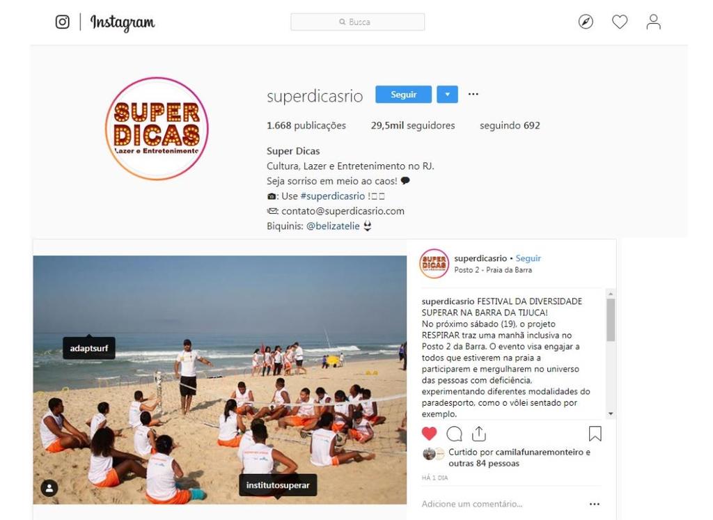 Matérias Festival da Diversidade Superar JANEIRO 2019 Superdicas Rio É um Instagram especializado em acontecimentos e eventos que acontecem no Rio de Janeiro, principalmente nas áreas de gastronomia,