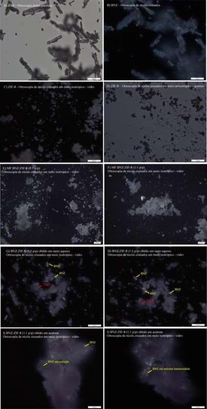 Figura 19 - Microscopia de Luz Polarizada: a) e b) BNZ; c) e d) ZIF-8; e) e f) MF BNZ:ZIF-8 (1:1 p/p); g) e h)