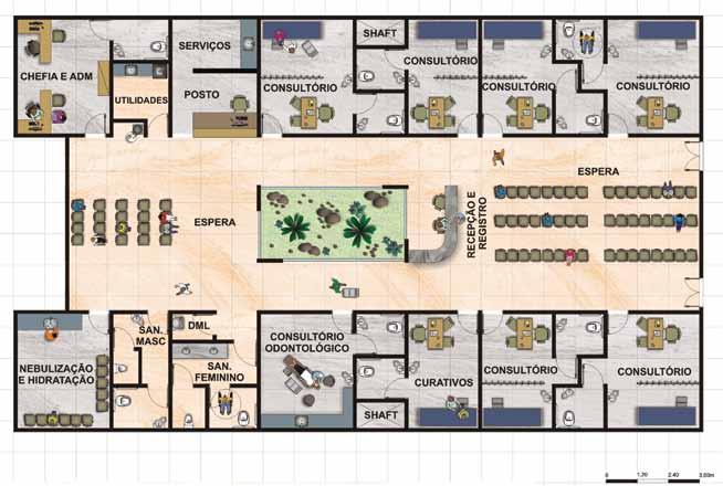 Introdução à Arquitetura Hospitalar Figura 4.2.1: Ambulatório com circulação de uso comum Fonte: GEA-hosp (2014), baseado em Santos e Santos (2005) e desinfecção.