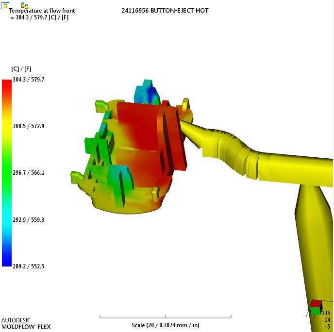 MELHORIA DE PROCESSOS NA ÁREA DE INJEÇÃO NA INDÚSTRIA AUTOMÓVEL Figura 58-Simulação da temperatura da frente de fluxo (canais quentes) Volumes: comparado os volumes necessários nota-se uma redução no