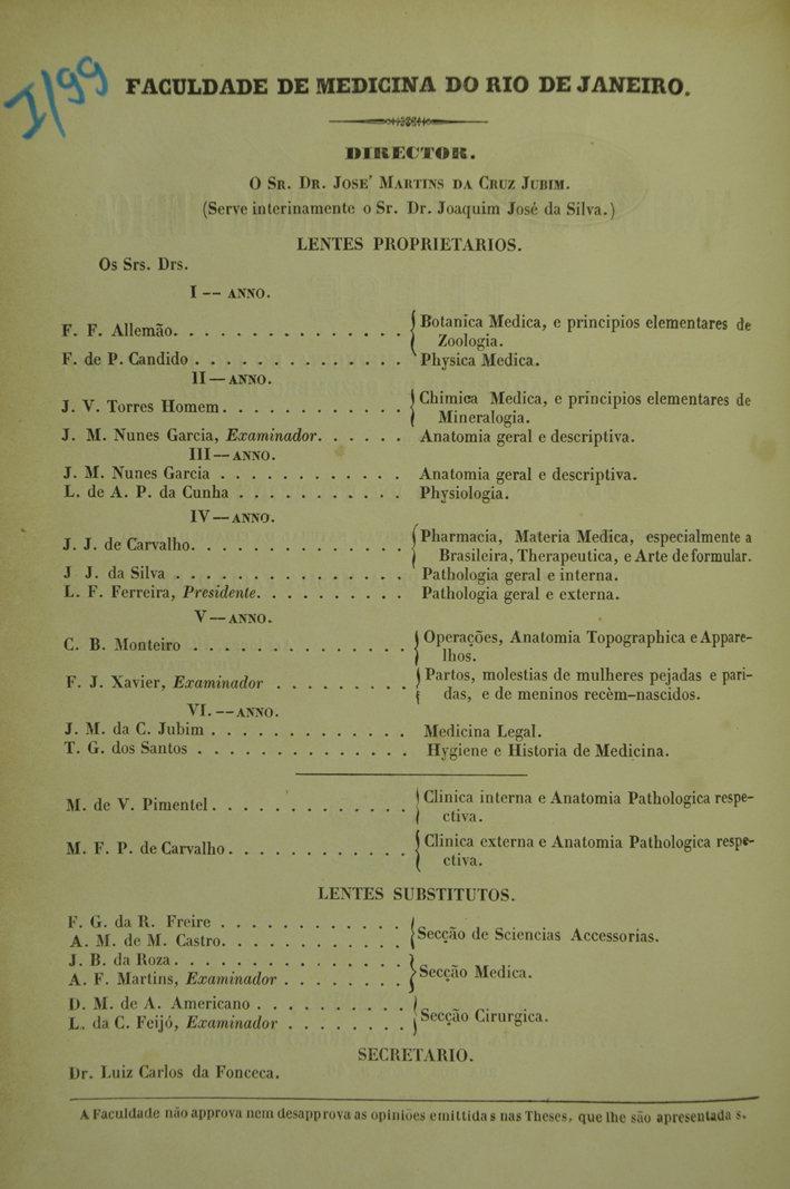 FACULDADE DE MEDICINA DO RIO DE JANEIRO. HIKḞCTOK. 0 SR. HR. JOSK ' MARTINS DA CRUZ JI BIM. (Serve inlcrinamente o Sr. Dr. Joaquim José da Silva.) LEMES PROPRIETÁRIOS. Os Srs. Drs. I AN> 0. ' ANNO. F.