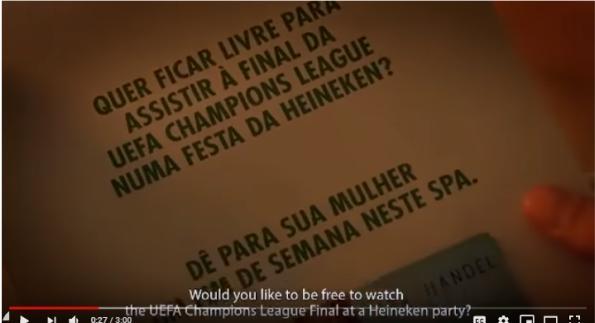 12 Já a Heineken trouxe em 2016 o filme Mulheres também curtem futebol [Champions League 5 ] (HEINEKEN, 2016), em que os homens de três casais recebem uma proposta de dar um dia no spa para suas