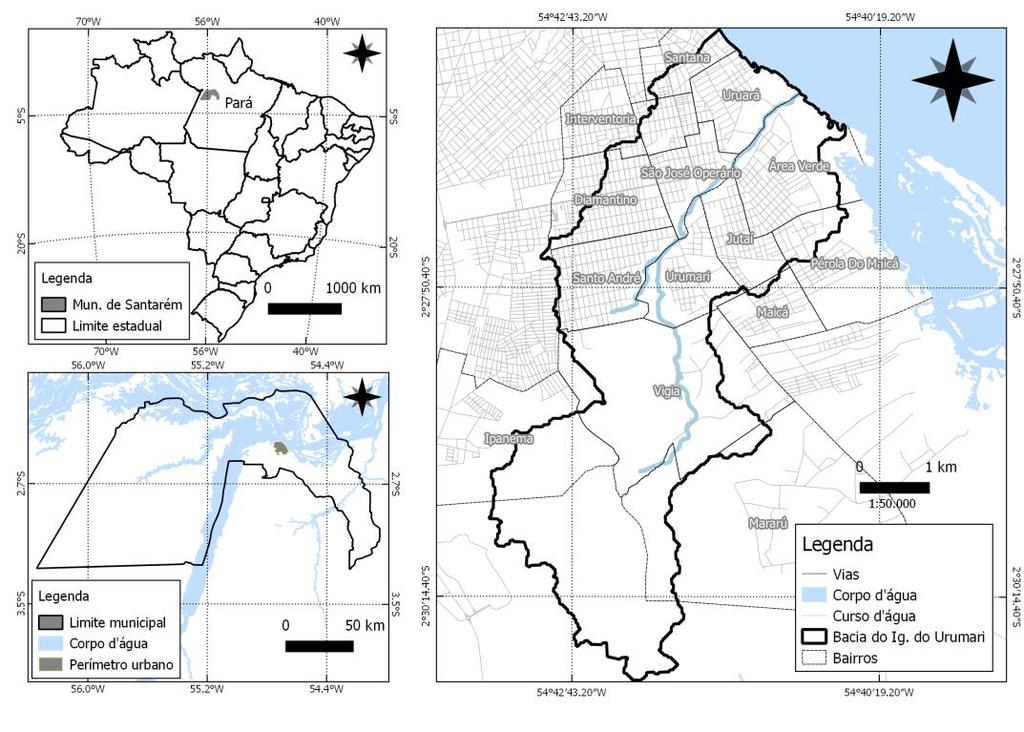 Localização O estudo foi conduzido na microbacia hidrográfica do igarapé do Urumari em Santarém - PA, destacando a sua inserção dentro do perímetro urbano do município de Santarém.
