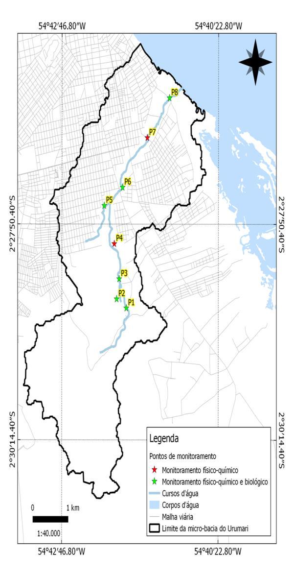 Localização geográfica e delimitação da microbacia do Urumari com a localização dos 8 pontos de coleta de dados físico-químicos e integridade ambiental do igarapé do Urumari em Santarém-PA.