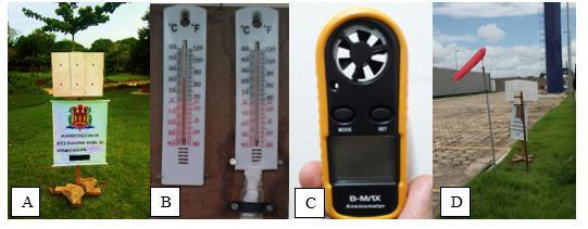 Já para a mensuração das variáveis velocidade e direção do vento, foram utilizados equipamentos externos aos abrigos, sendo eles um anemômetro digital e a biruta confeccionada (Figura 3). Figura 3.