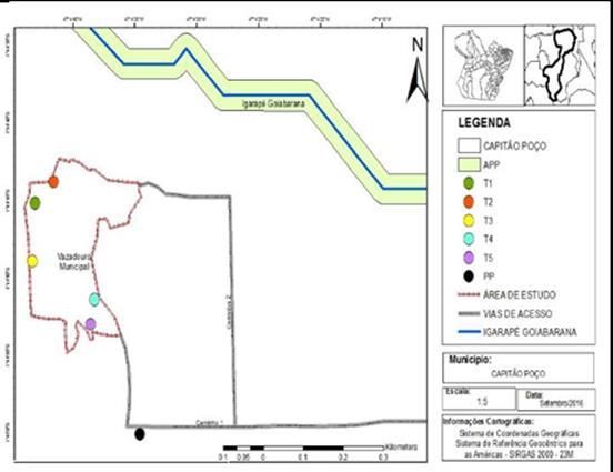 Figura 3. Localização dos Pontos de Coleta de solo no vazadouro de Capitão Poço - PA. Fonte: Autores (2016) As amostras foram coletadas, de acordo com os procedimentos indicados em Santos et al.