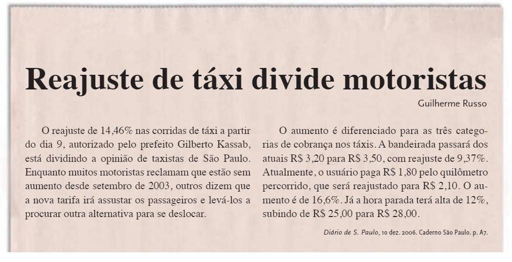 Na sequência, encontramos uma matéria de jornal sobre reajuste de táxi (Figura 5) que explora o conceito de proporção e a aplicação da regra de três simples em situações cotidianas.