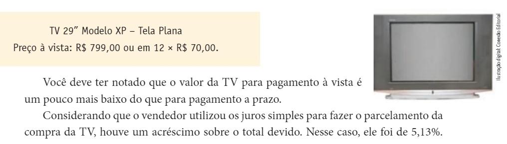 Já o conceito de porcentagem é abordado por meio da explicação do termo seguido de exemplos de situações referentes a compras em um supermercado.