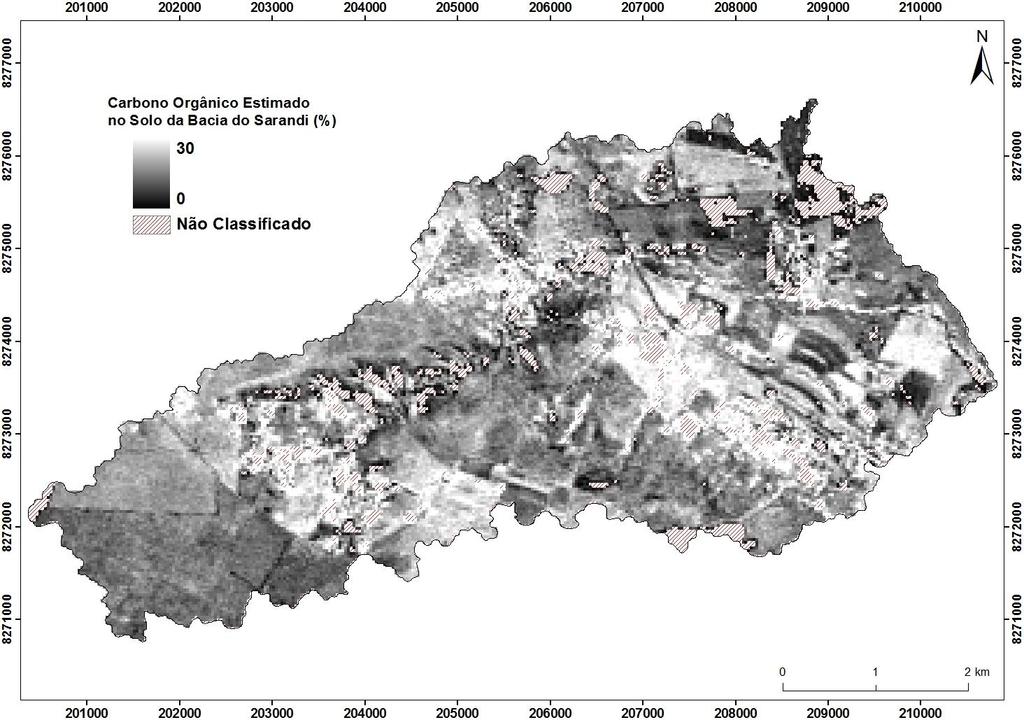 Através da fórmula apresentada, foi possível gerar um novo mapa com valores estimados do teor de carbono orgânico no solo da bacia do Sarandi.