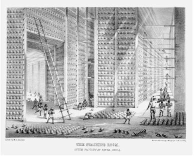 Wellcome Collection Uma sala de armazenamento na fábrica de ópio em Patna, Índia. Litografia de W. S. Sherwill, c. 1850. A Índia era uma possibilidade.