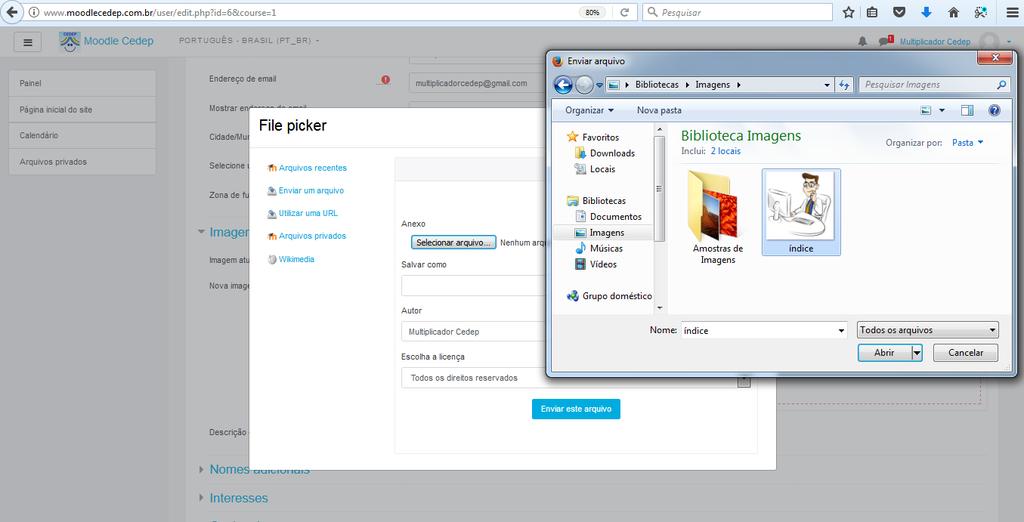 Clique em abrir, enviar arquivo e depois atualizar perfil CONFIGURAÇÃO DE CURSO