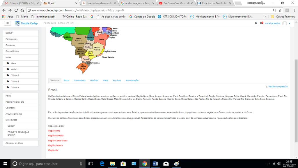 Após criar o texto é só clicar em Salvar : O sistema mostrará a wiki criada e a primeira página, observe que as palavras